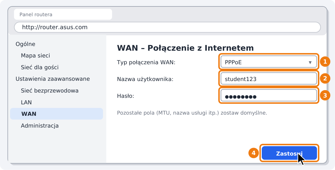 Krok 4: Wybierz PPPoE, wpisz login i hasło