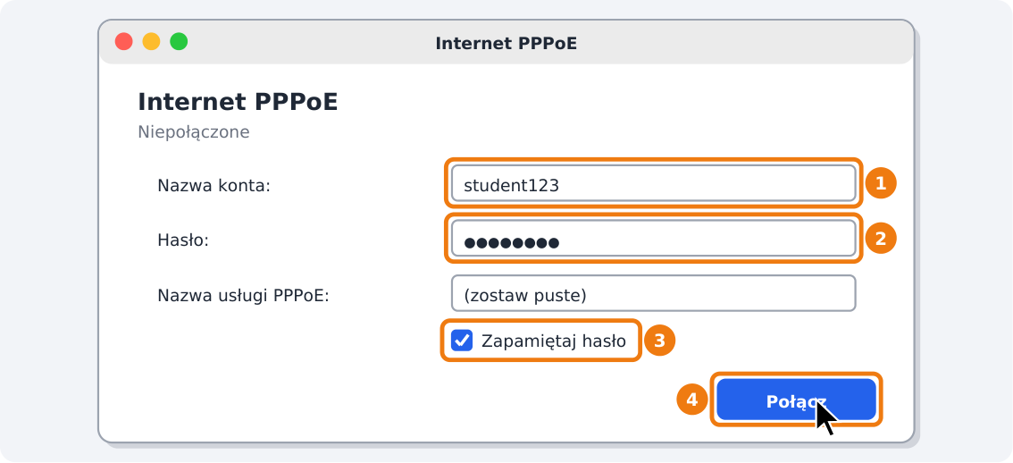 Krok 5: Wpisz login i hasło, kliknij „Połącz”