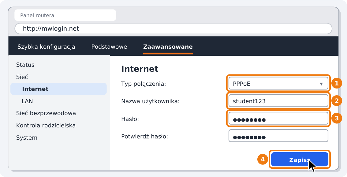 Krok 4: Wybierz PPPoE, wpisz login i hasło