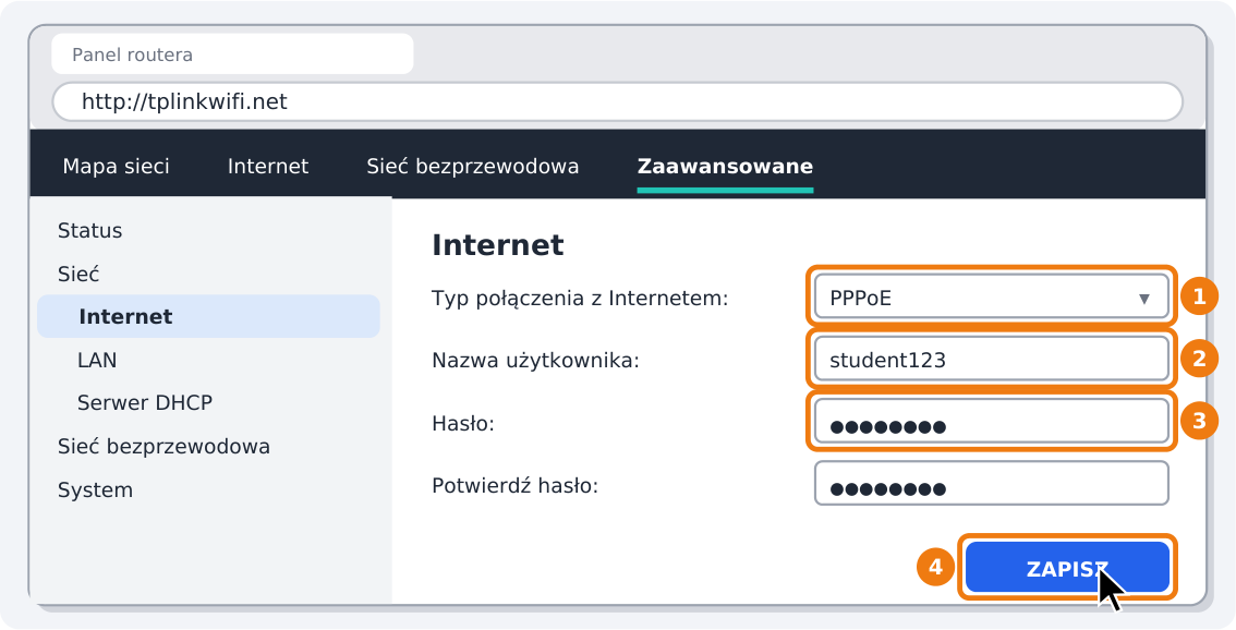 Krok 4: Wybierz PPPoE, wpisz login i hasło
