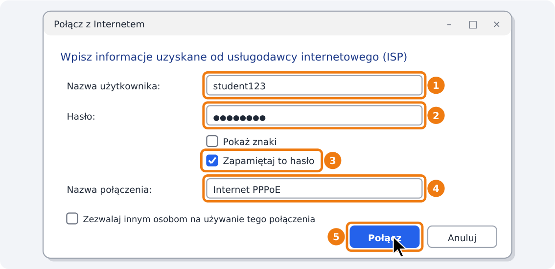Krok 6: Wpisz login i hasło, potem „Połącz”